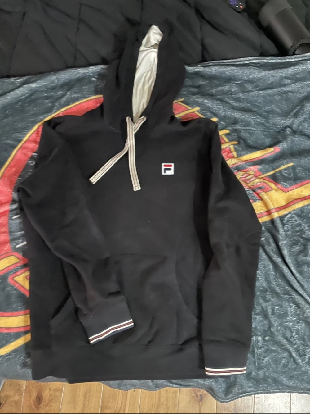 Fila Men’s Black Hoodie with White Lined Hood and Stripe Detail